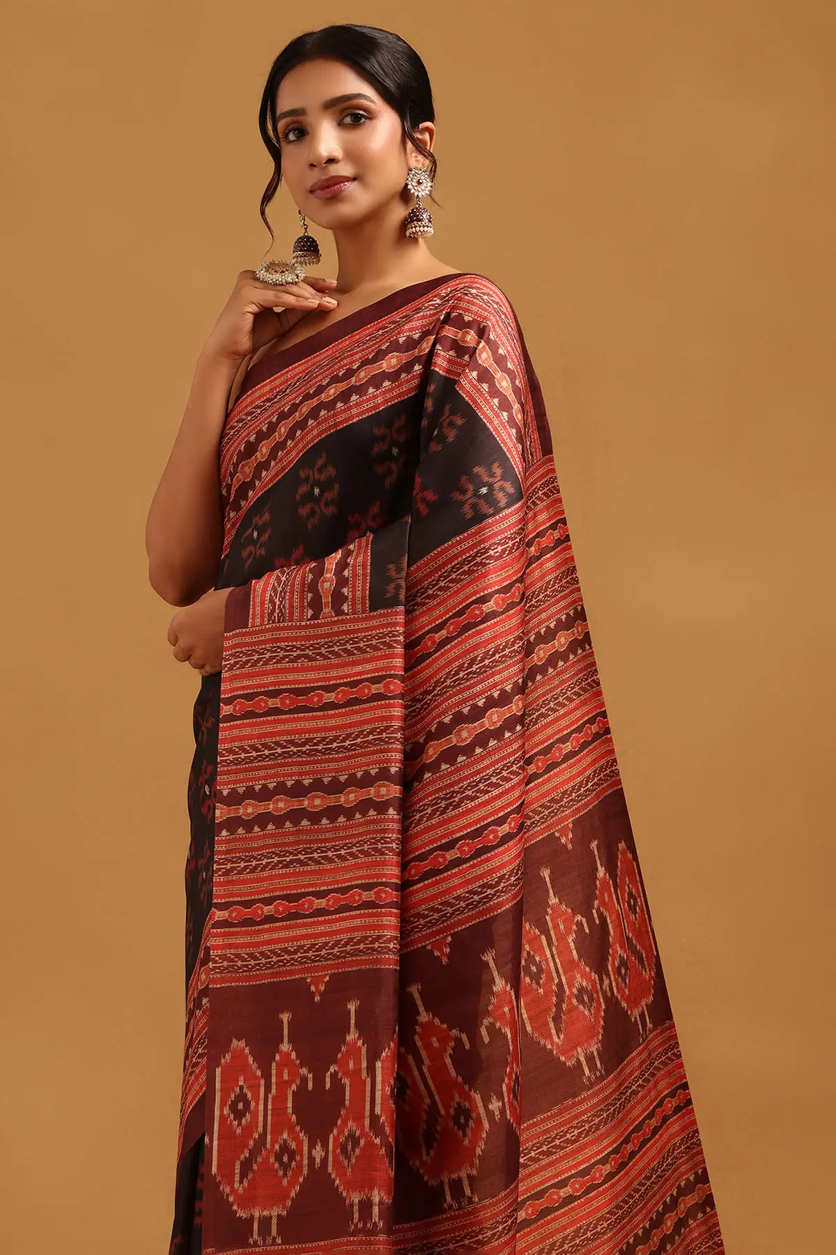 Black Tussar Ikat Printed Saree
